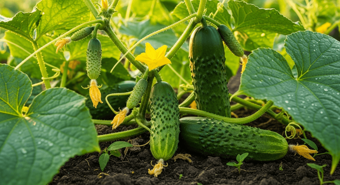 Выращивание огурцов в открытом грунте — свежие плоды на грядке.