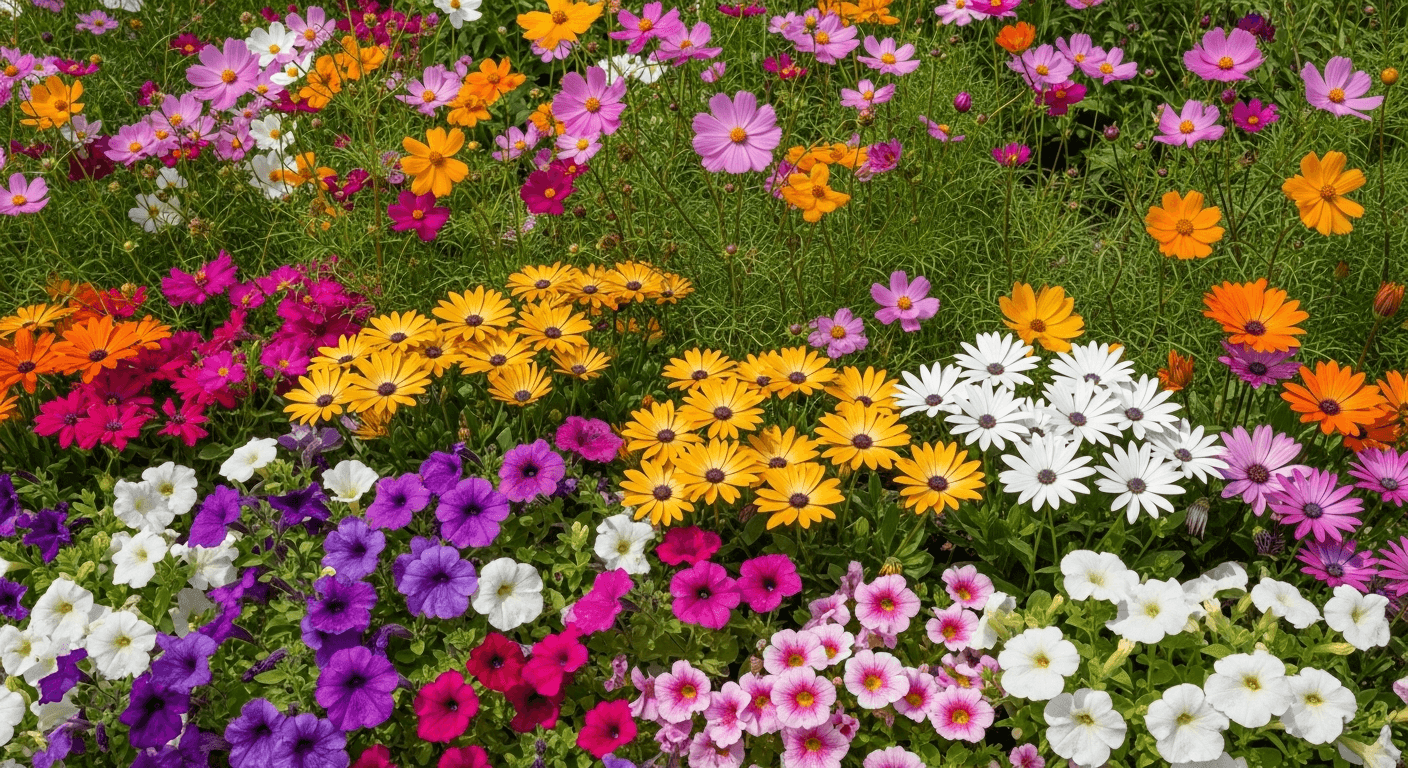 Лучшие однолетние цветы для цветника — яркая клумба с разнообразными растениями.