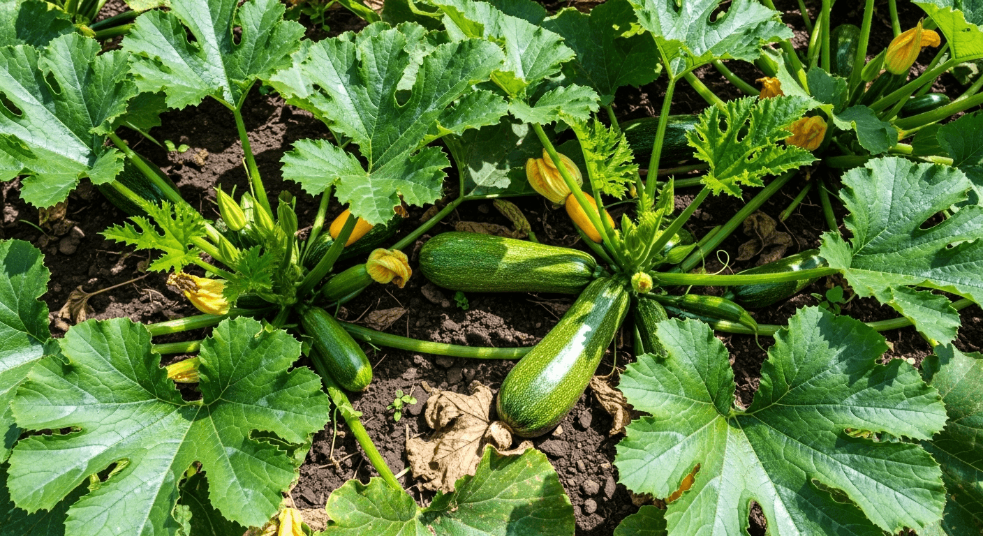Грядка с кабачками для выращивания кабачков; здоровые и сочные растения.