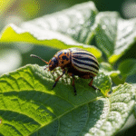 Борьба с колорадским жуком на листьях картофеля, крупный план вредителя.