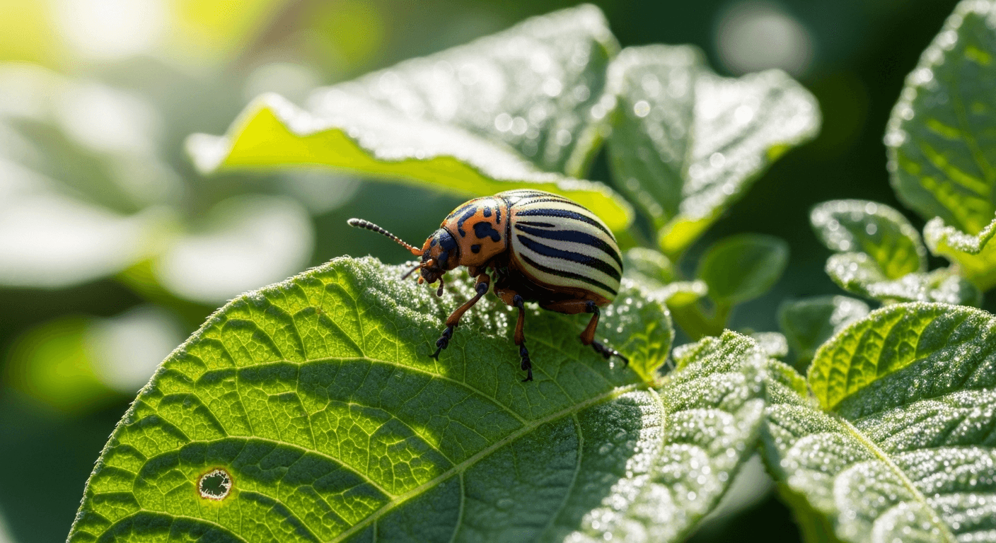 Борьба с колорадским жуком на листьях картофеля, крупный план вредителя.