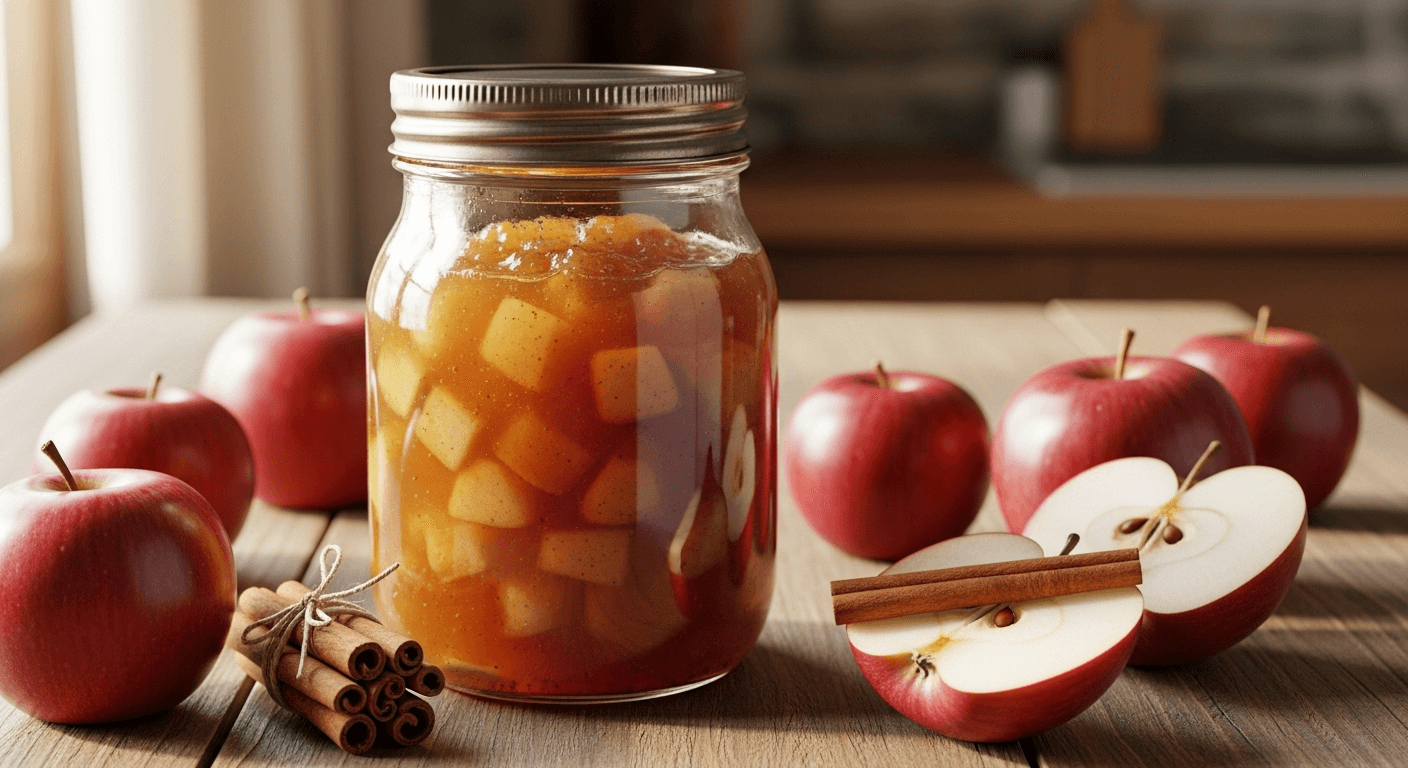 Варенье из яблок с корицей в банке на деревянном столе рядом с яблоками и палочками корицы.