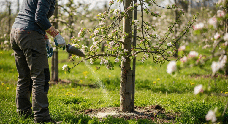Весенняя подкормка яблони в саду — садовник вносит удобрение под дерево.
