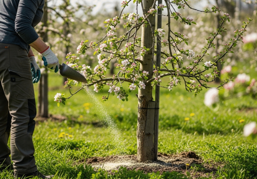 Весенняя подкормка яблони в саду — садовник вносит удобрение под дерево.