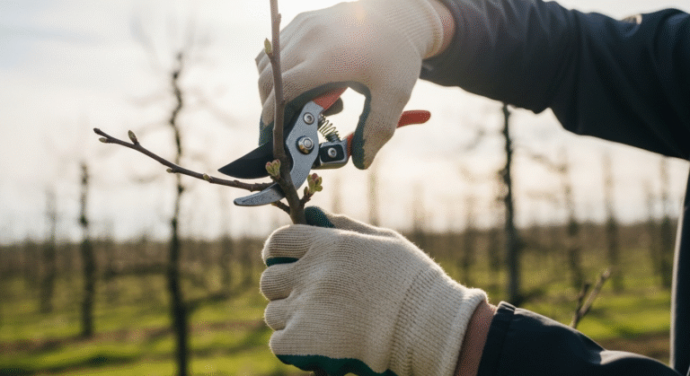 Обрезка яблони весной — садовод с секатором аккуратно подрезает ветви для формирования кроны.