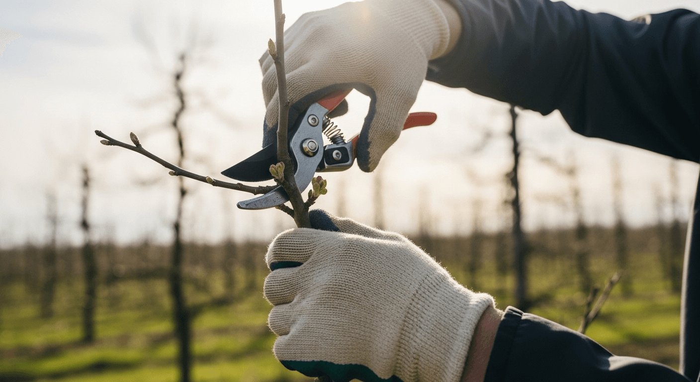 Обрезка яблони весной — садовод с секатором аккуратно подрезает ветви для формирования кроны.
