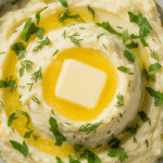 Пюре из молодой картошки с зеленью в белой миске, украшенное сливочным маслом и свежей зеленью