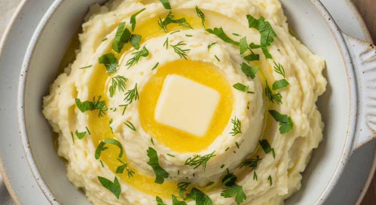 Пюре из молодой картошки с зеленью в белой миске, украшенное сливочным маслом и свежей зеленью