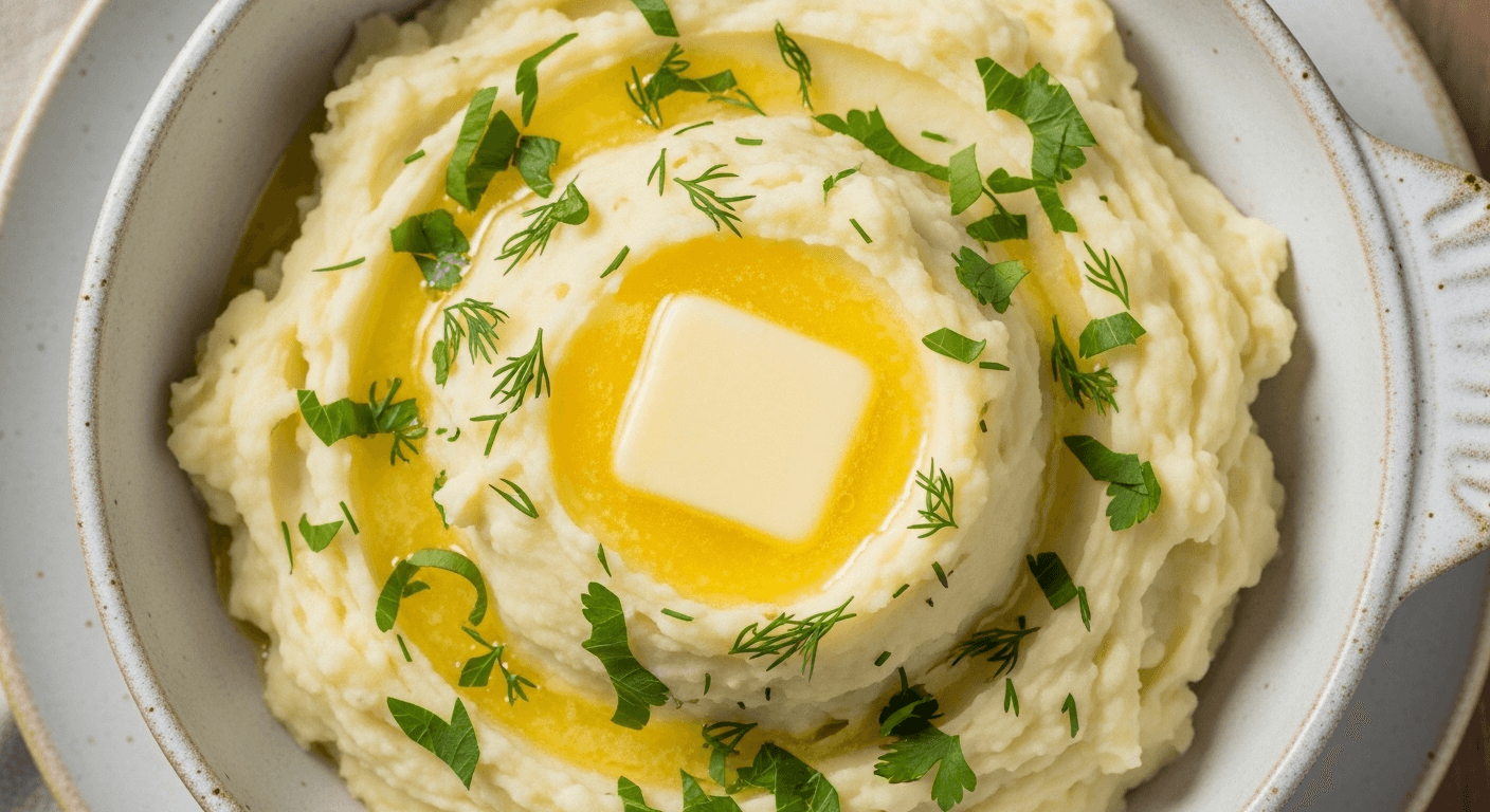 Пюре из молодой картошки с зеленью в белой миске, украшенное сливочным маслом и свежей зеленью