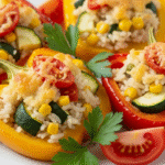 фаршированный болгарский перец с рисом и овощами на тарелке