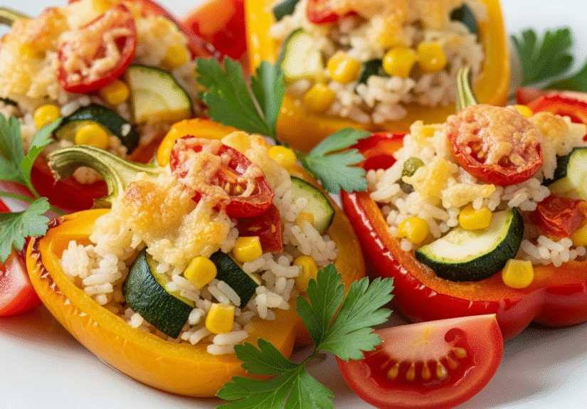 фаршированный болгарский перец с рисом и овощами на тарелке