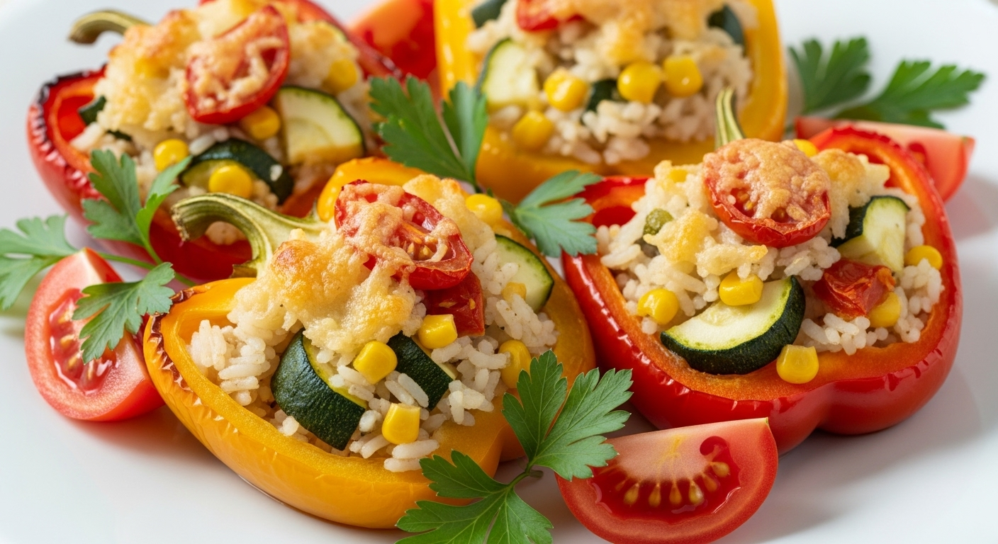 фаршированный болгарский перец с рисом и овощами на тарелке