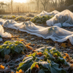 Подготовка сада к зиме — осенний сад с укрытыми растениями и инеем на листьях.
