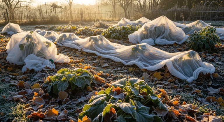 Подготовка сада к зиме — осенний сад с укрытыми растениями и инеем на листьях.