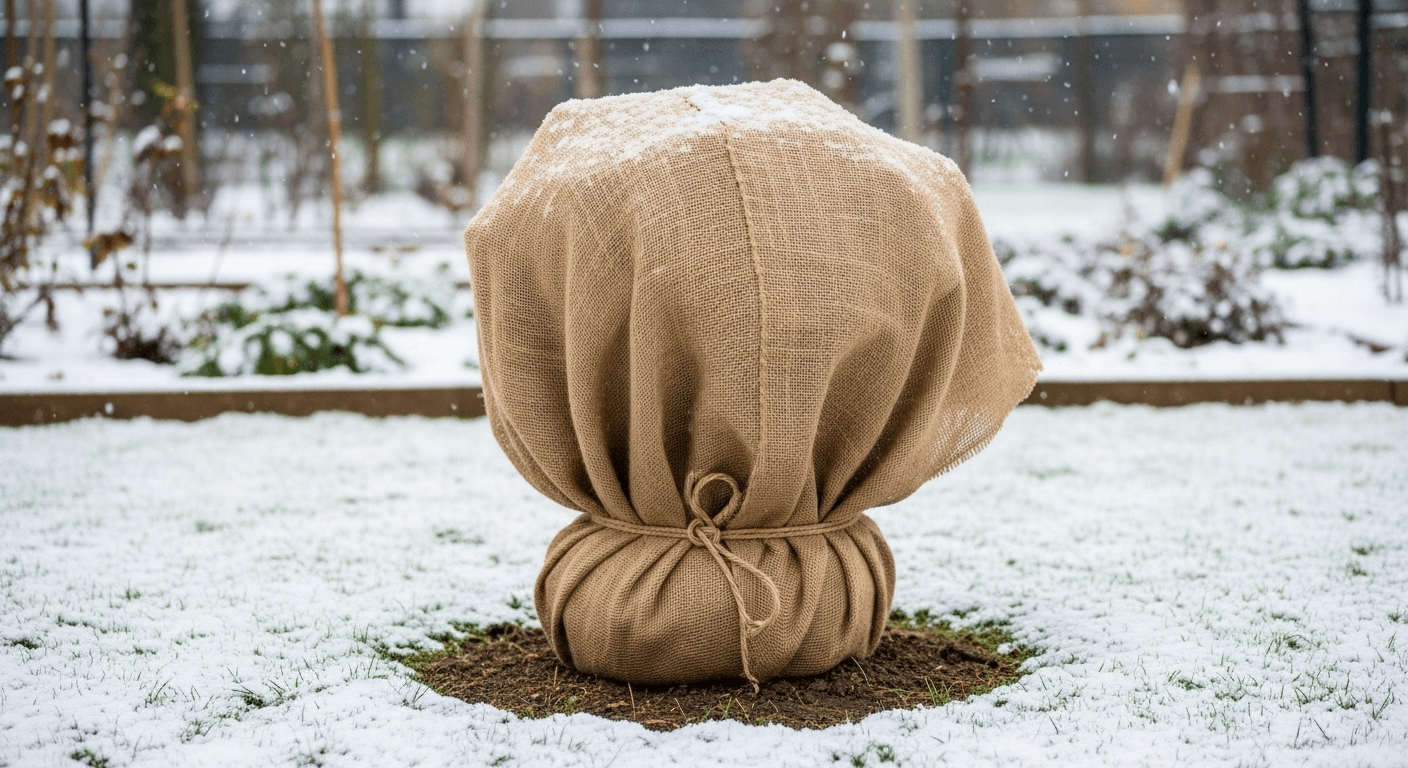 Главная картинка для статьи об укрытии роз на зиму: розы защищены от морозов и снега.