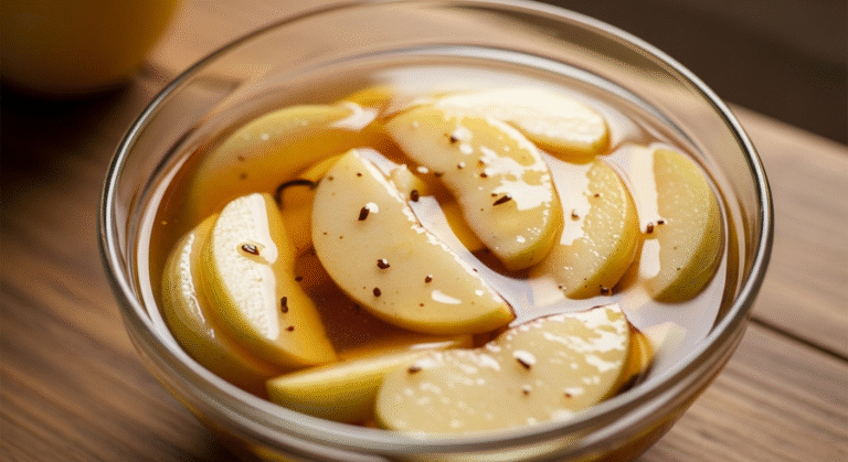 Яблоки в сиропе с ванилью в стеклянной миске на столе — сладкий домашний десерт.