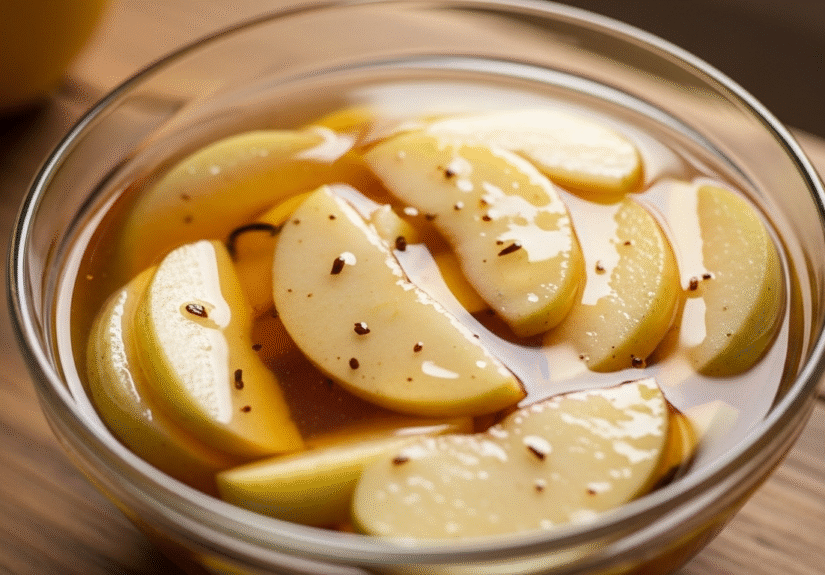 Яблоки в сиропе с ванилью в стеклянной миске на столе — сладкий домашний десерт.