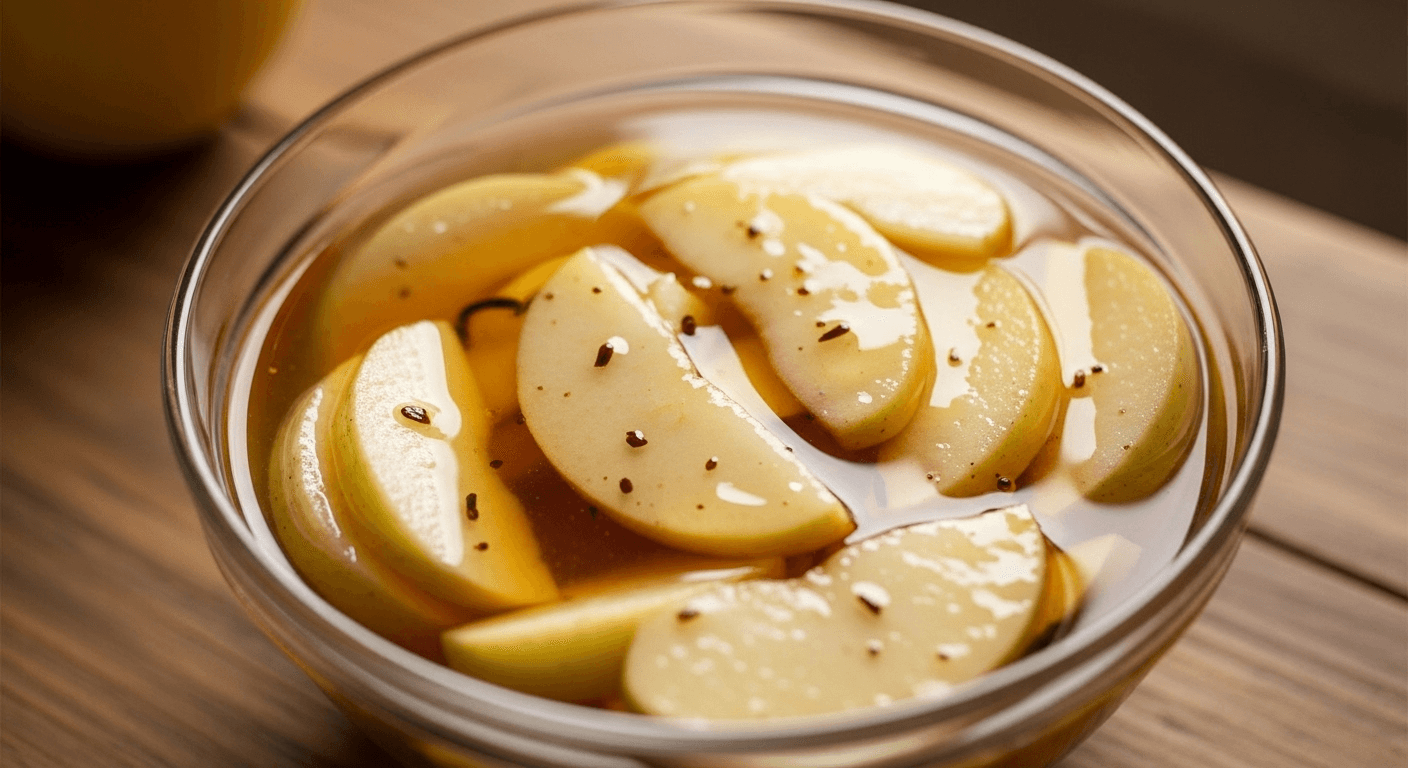 Яблоки в сиропе с ванилью в стеклянной миске на столе — сладкий домашний десерт.