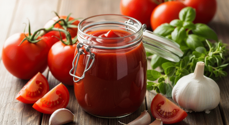 Домашний кетчуп без сахара с помидорами и ароматными специями.