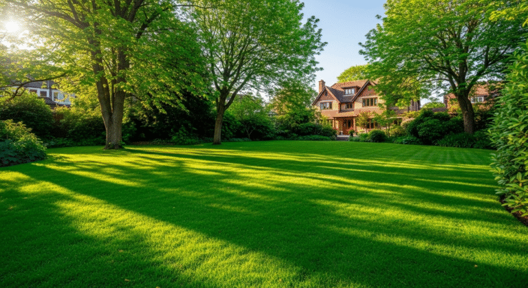 Красивый густой газон после того, как удалось правильно сеять газонную траву.