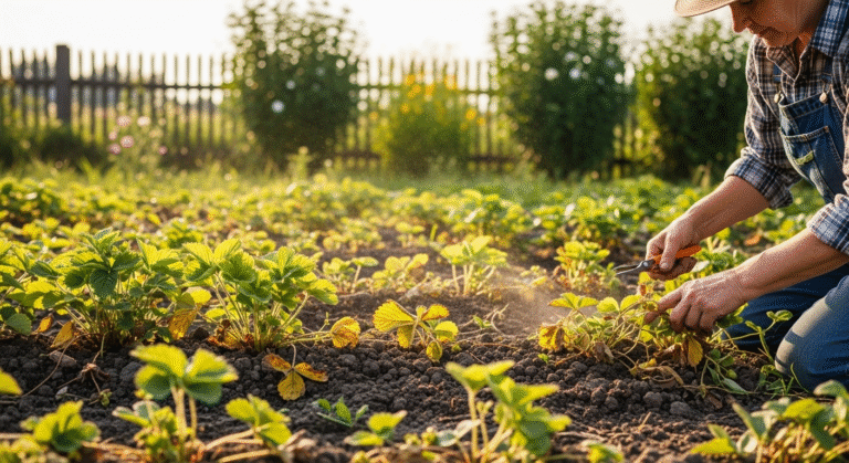 Уход за клубникой после сбора урожая — обрезка и очистка грядок клубники.