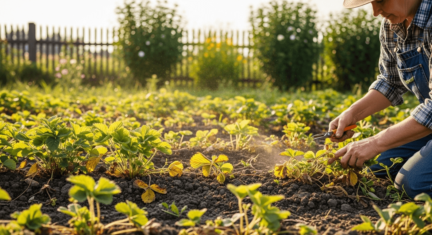 Уход за клубникой после сбора урожая — обрезка и очистка грядок клубники.