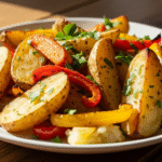 Картофель в духовке с овощами и зеленью — запечённые дольки картофеля с зеленью и овощами.