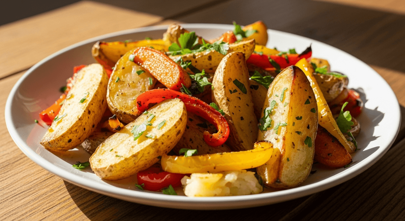 Картофель в духовке с овощами и зеленью — запечённые дольки картофеля с зеленью и овощами.