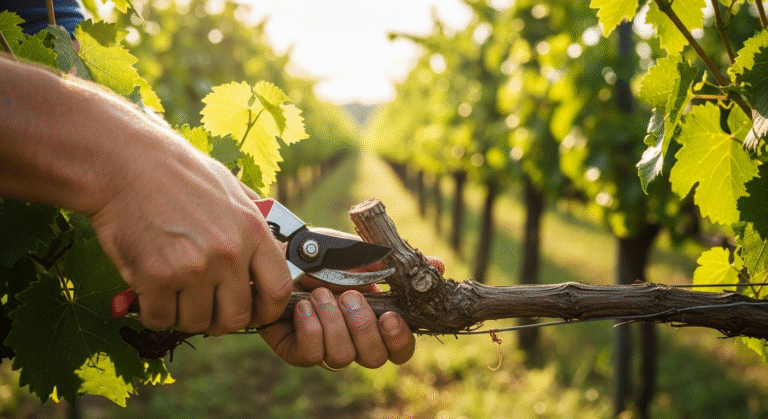 Обрезка винограда в саду весной — процесс ухода за лозой.