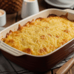 Гратен картофельный в керамической форме с золотистой корочкой на праздничном столе.