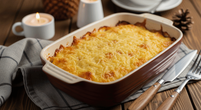 Гратен картофельный в керамической форме с золотистой корочкой на праздничном столе.