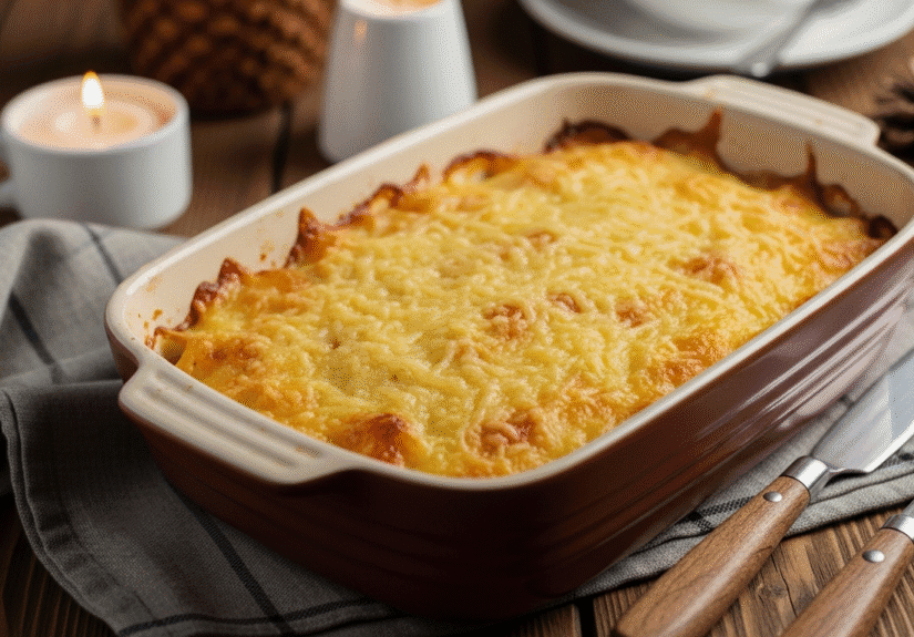 Гратен картофельный в керамической форме с золотистой корочкой на праздничном столе.