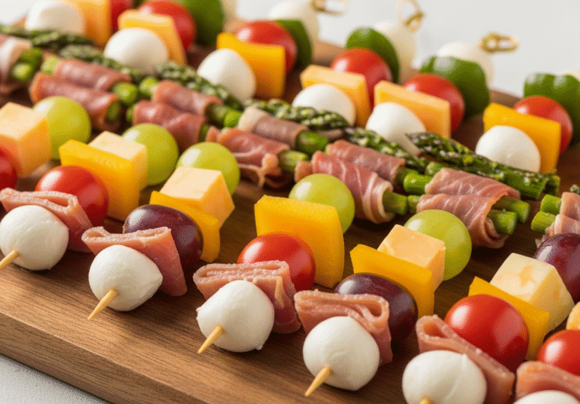 Мини-закуски на шпажках на праздничном подносе с овощами, сырами, фруктами и мясом