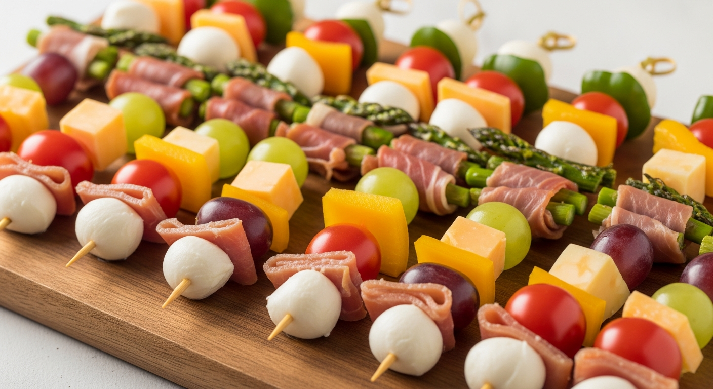 Мини-закуски на шпажках на праздничном подносе с овощами, сырами, фруктами и мясом