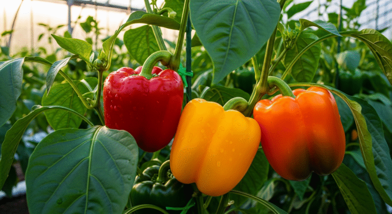 Болгарский перец в теплице, спелые плоды на кустах, солнечное освещение.