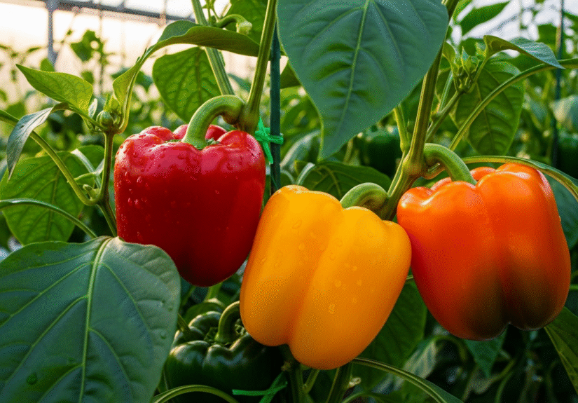 Болгарский перец в теплице, спелые плоды на кустах, солнечное освещение.