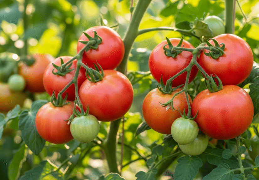 Фото розовых помидоров на кустах в саду, спелые и сочные плоды.