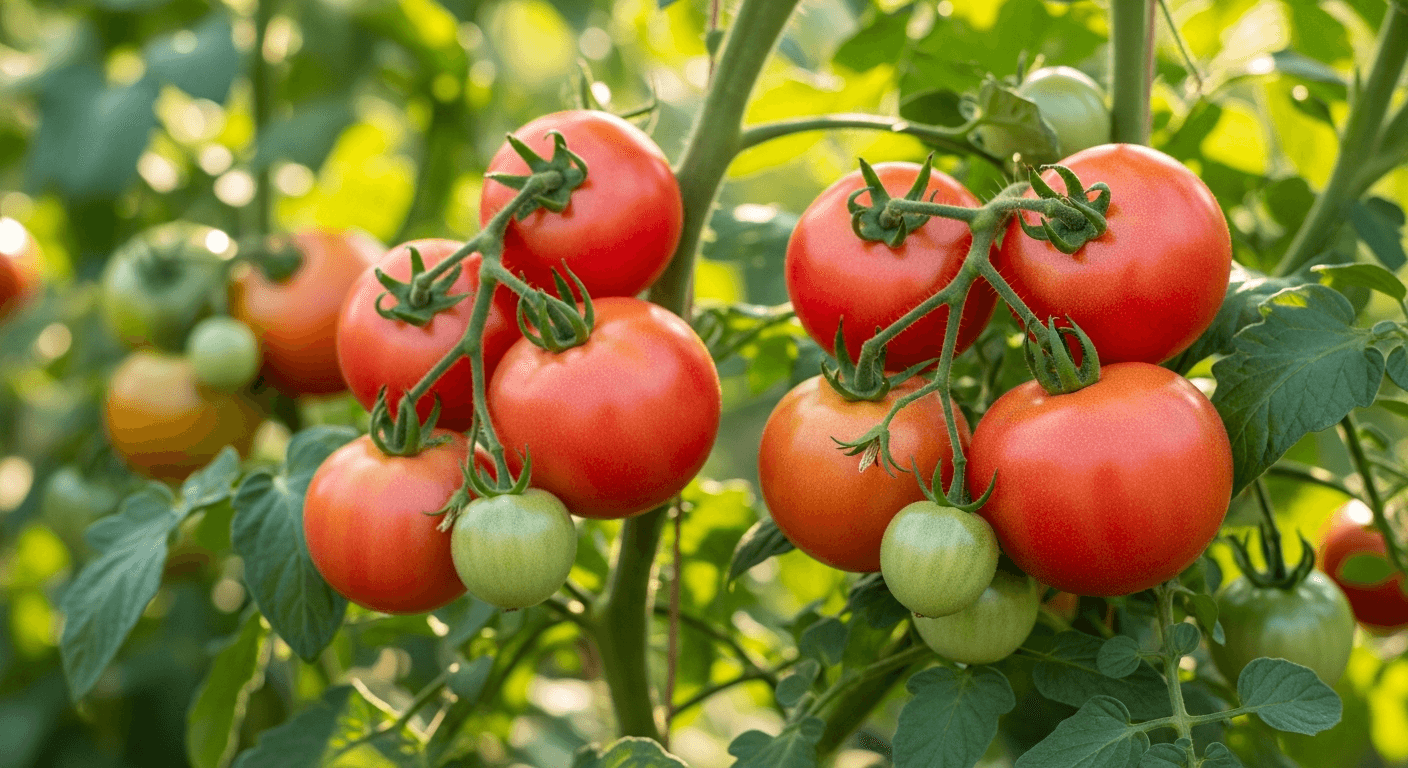 Фото розовых помидоров на кустах в саду, спелые и сочные плоды.