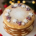 Медовик домашний на праздничном столе, украшенный орехами и ягодами