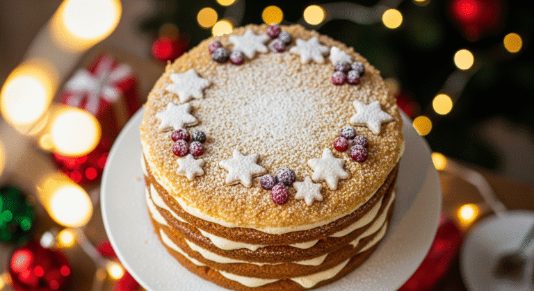 Медовик домашний на праздничном столе, украшенный орехами и ягодами