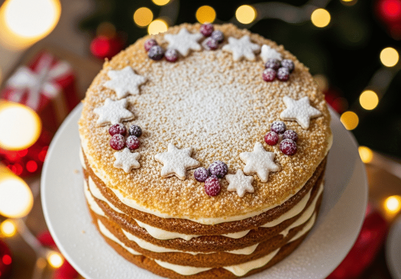 Медовик домашний на праздничном столе, украшенный орехами и ягодами