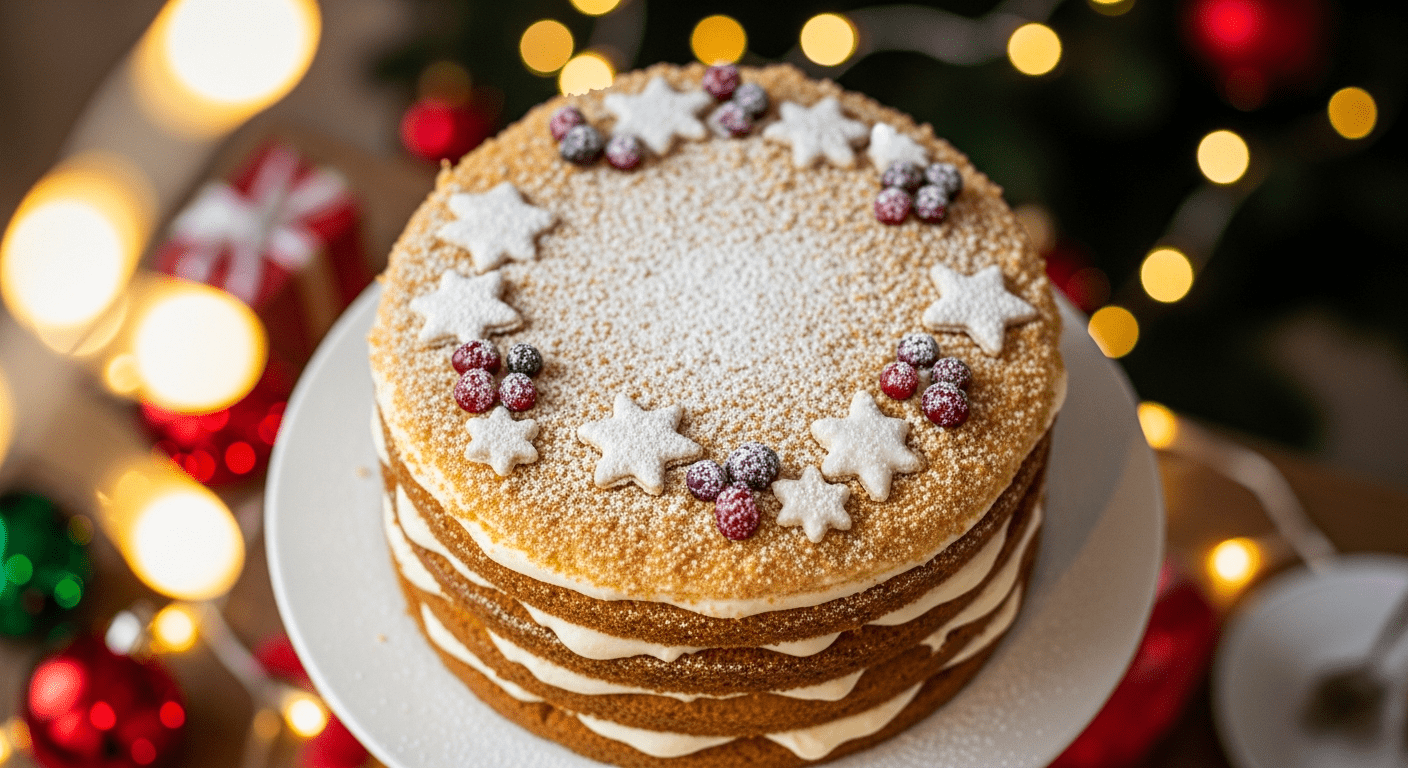 Медовик домашний на праздничном столе, украшенный орехами и ягодами