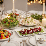 Праздничные салаты на Новый год 2025 на сервированном столе с украшением.