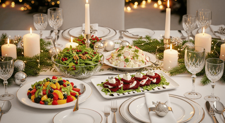 Праздничные салаты на Новый год 2025 на сервированном столе с украшением.