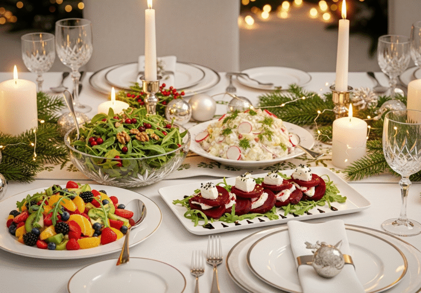 Праздничные салаты на Новый год 2025 на сервированном столе с украшением.