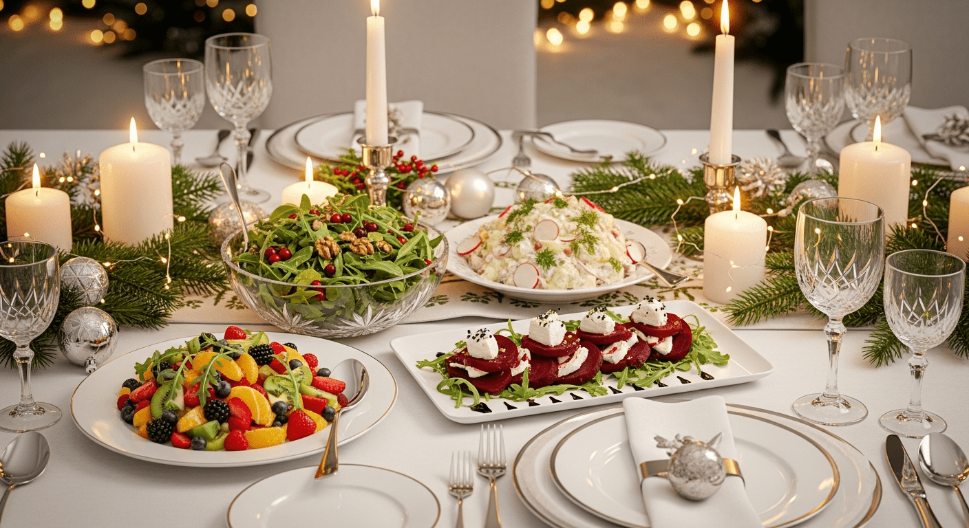 Праздничные салаты на Новый год 2025 на сервированном столе с украшением.