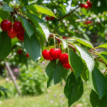 Лучшие сорта вишни для малых участков — компактное вишнёвое дерево с красными ягодами.
