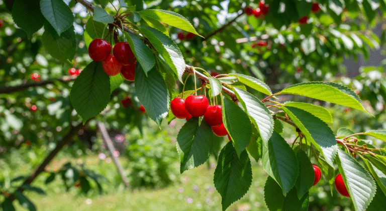Лучшие сорта вишни для малых участков — компактное вишнёвое дерево с красными ягодами.