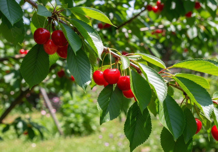 Лучшие сорта вишни для малых участков — компактное вишнёвое дерево с красными ягодами.