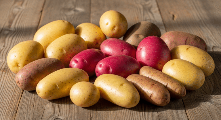 Различные сорта картофеля на деревянном столе — ранние, средние и поздние виды.